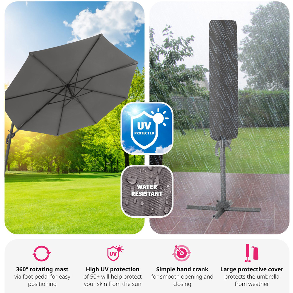 tectake Daria Grey Cantilever Garden Parasol with Foot Pedal 3m Image 5