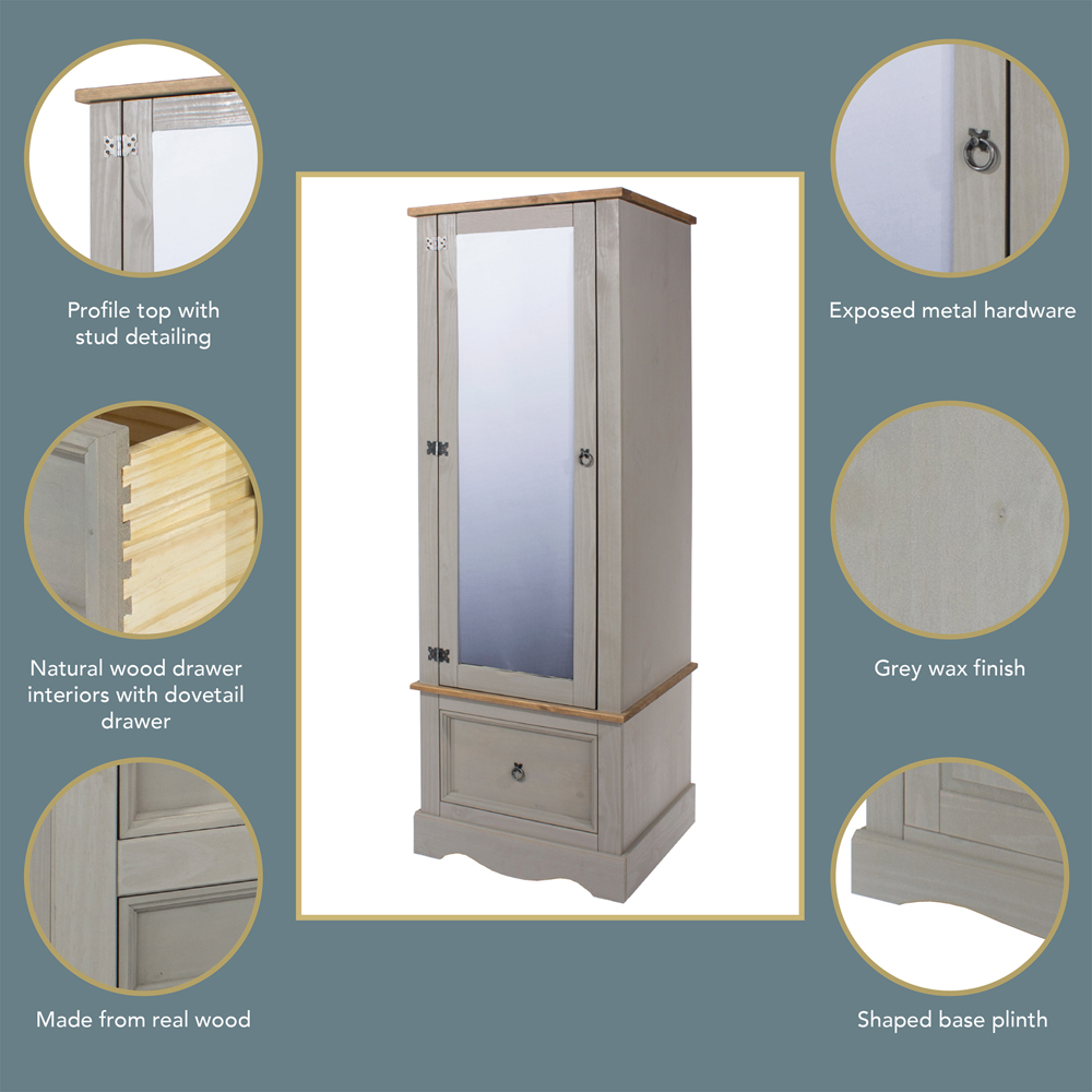 Core Products Corona Single Door Single Drawer Grey Mirrored Wardrobe Image 7