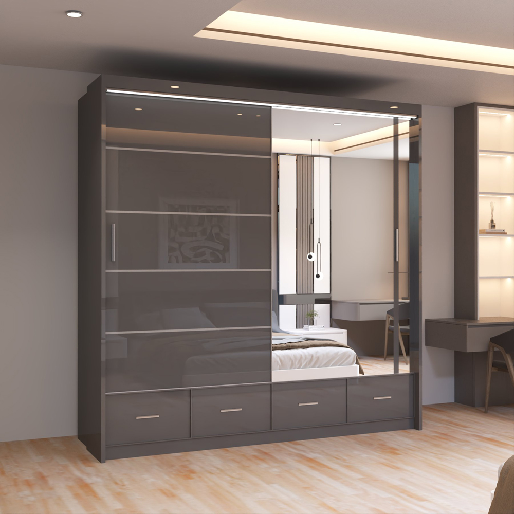 Sliding Wardrobes 4U 2 Sliding Door Grey Modern High Gloss Mirrored Wardrobe 203cm Image 3