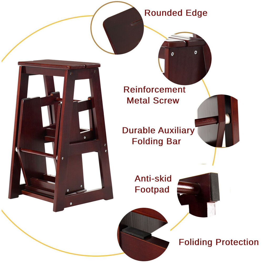 Costway 3 Step Coffee Wooden Folding Stool Stepladder Image 4