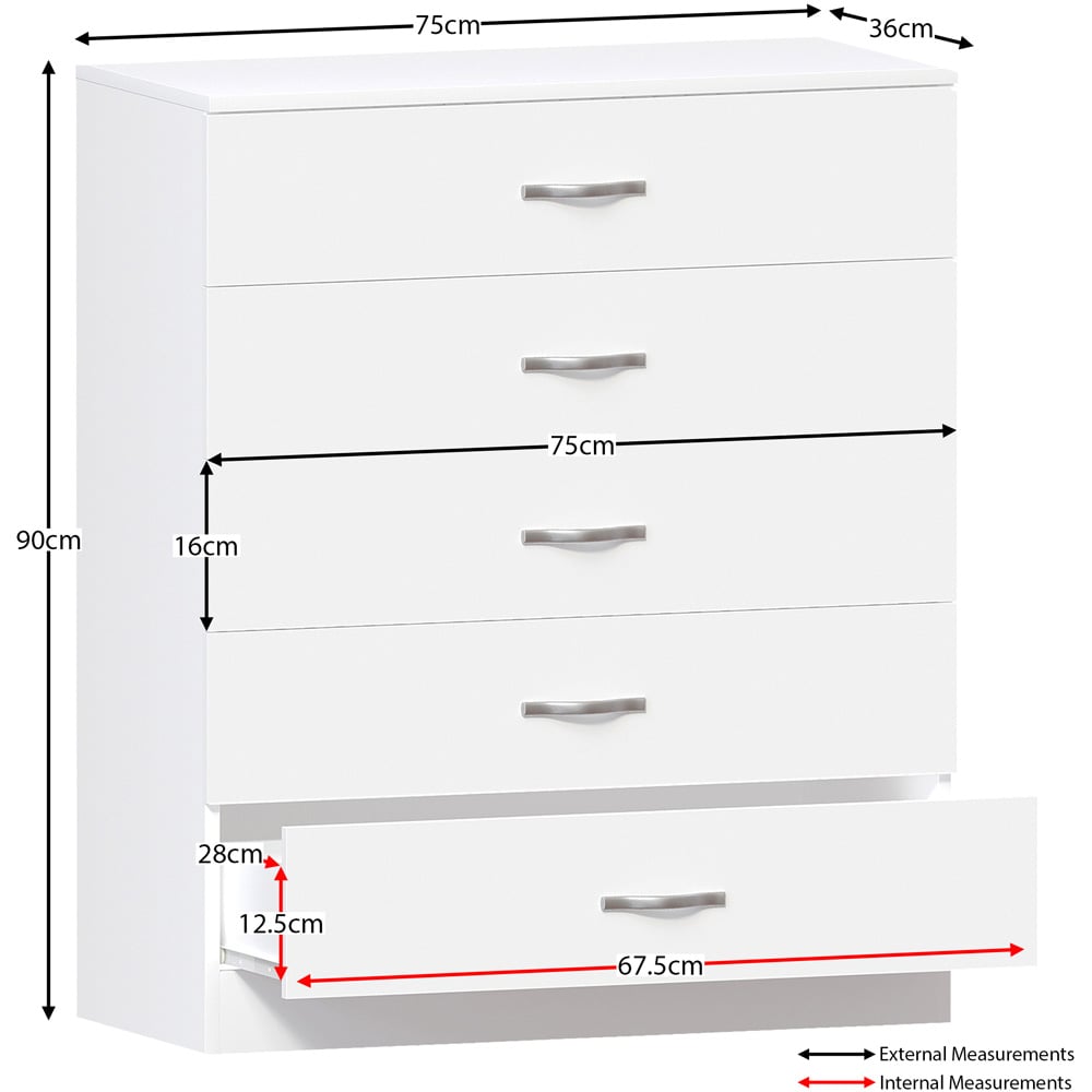 Vida Designs Riano 5 Drawer White Unique Anti Bowing Chest of Drawers with Metal Handles Image 9