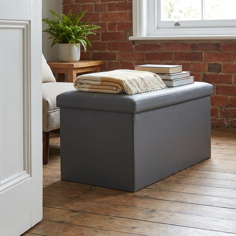 Seville Grey Leather Storage Trunk Image 5