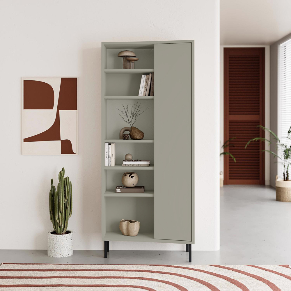 FWStyle Single Door 6 Shelf Ash Green Curved Modern Bookcase Image 4