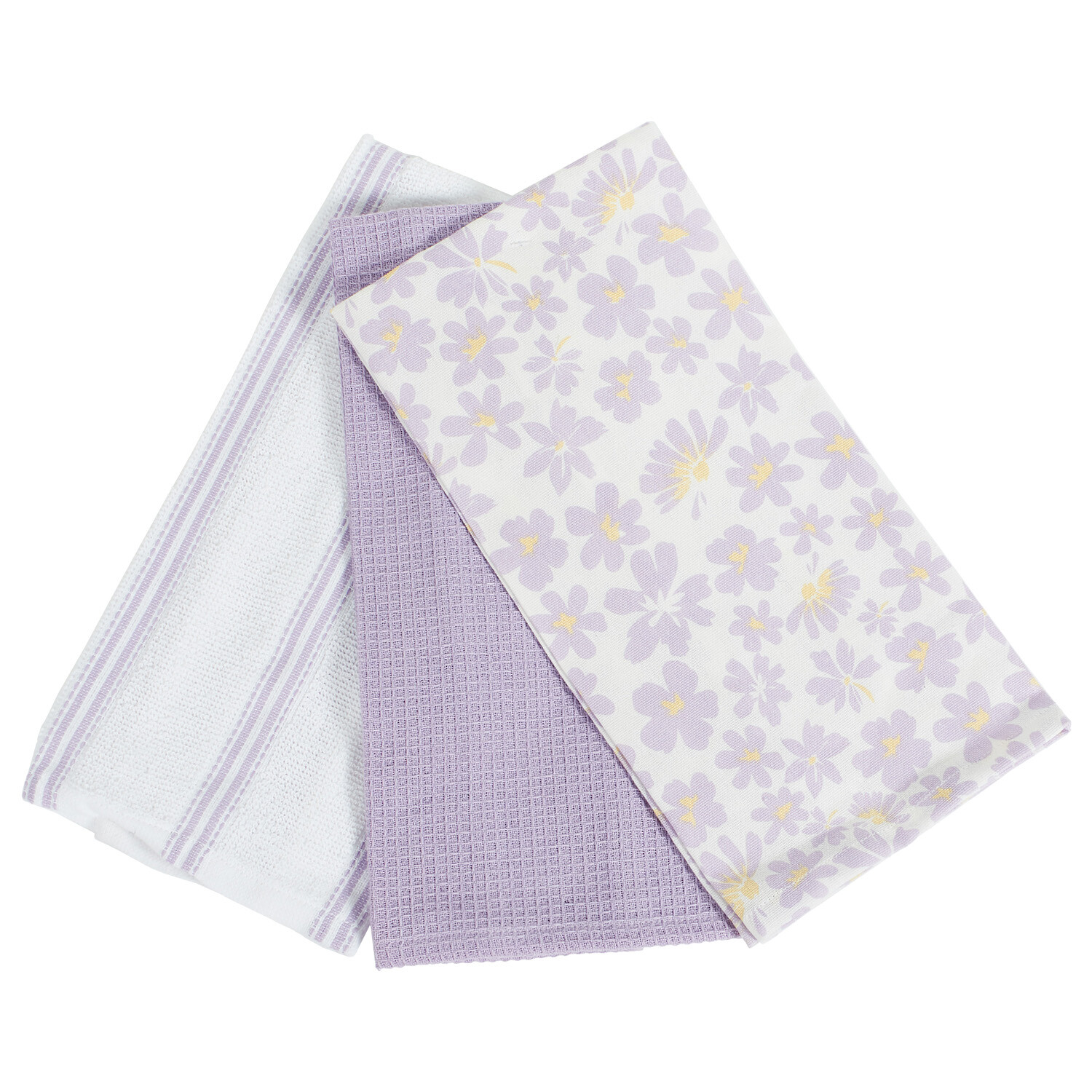 Pack of 3 Lilac Daisy Tea Towels - White and Lilac Image 2