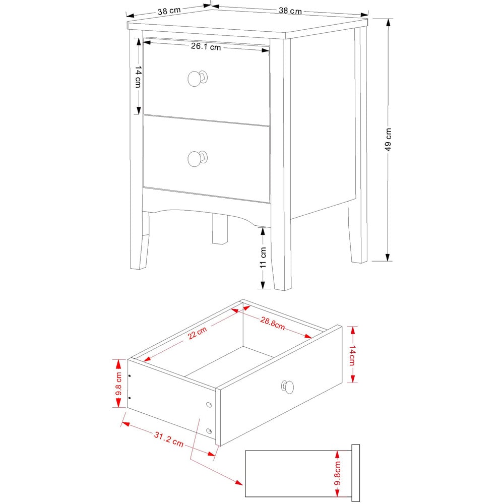 Como 2 Drawer White Petite Bedside Table Image 7