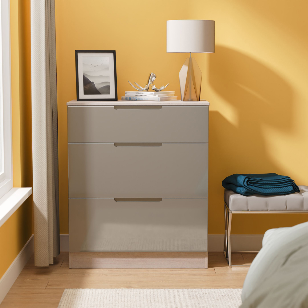 Crowndale Milan 3 Drawer Grey Gloss and Grey Oak Deep Chest of Drawers Ready Assembled Image 7
