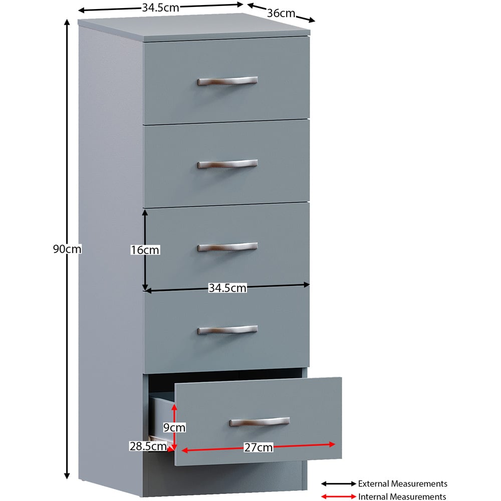 Vida Designs Riano 5 Drawer Grey Narrow Chest of Drawers Image 9