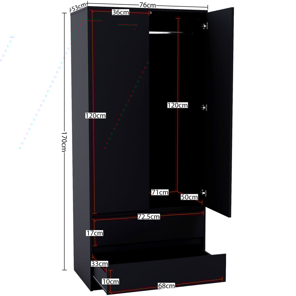 Vida Designs Denver 2 Door 2 Drawer Black Wardrobe Image 9