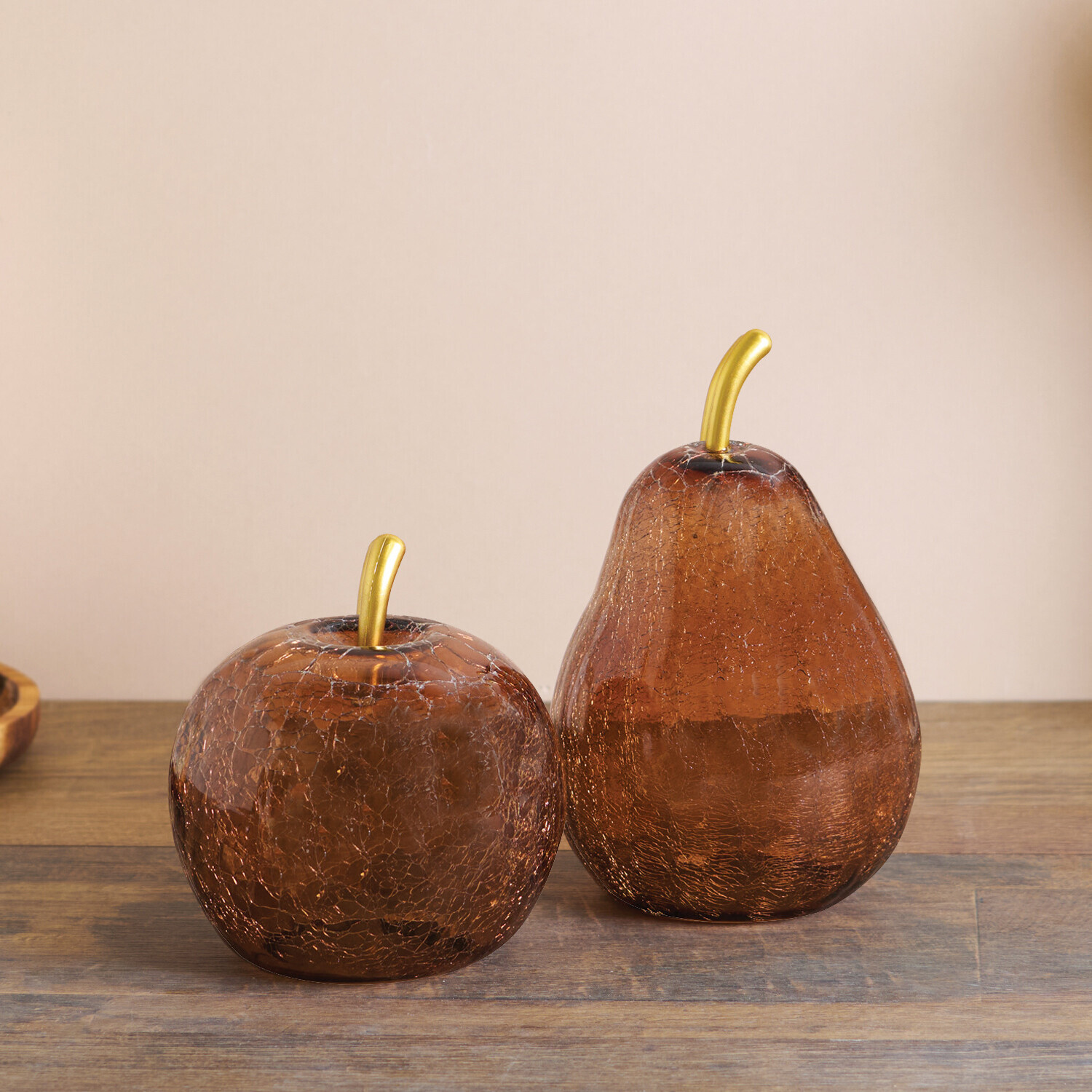 Pack of 2 Crackle Glass Apple and Pear OrnamentsAmber Image 2