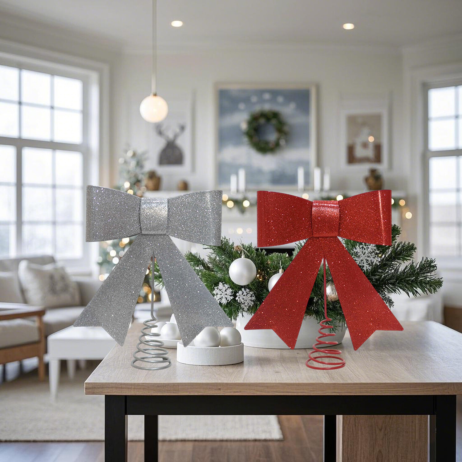 Red or Silver Metal Bow Tree Topper Red or Silver Image 1