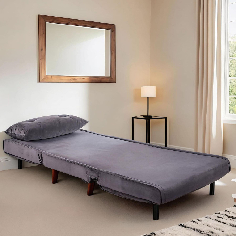 Home Source Morella Single Seater Grey Velvet Folding Sofa Bed with Pillow Image 4