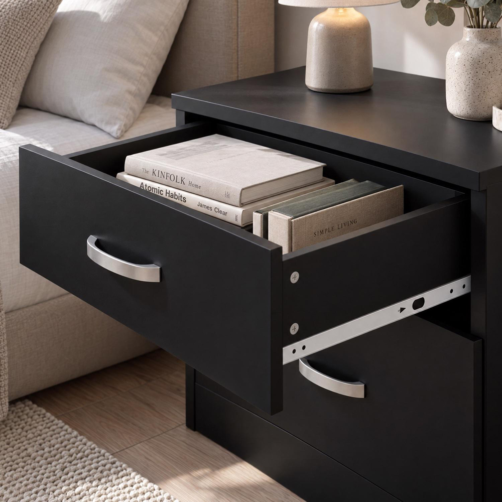 FWStyle Tunis 2 Drawer Matt Black Bedside Table Image 7