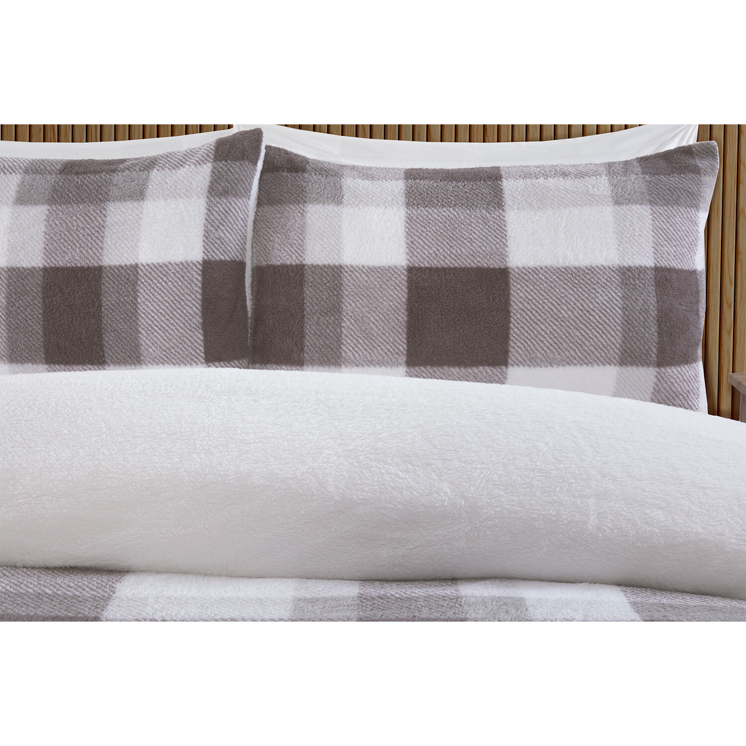 Teddy Fleece Printed Check Duvet Set - Grey / King Image 2