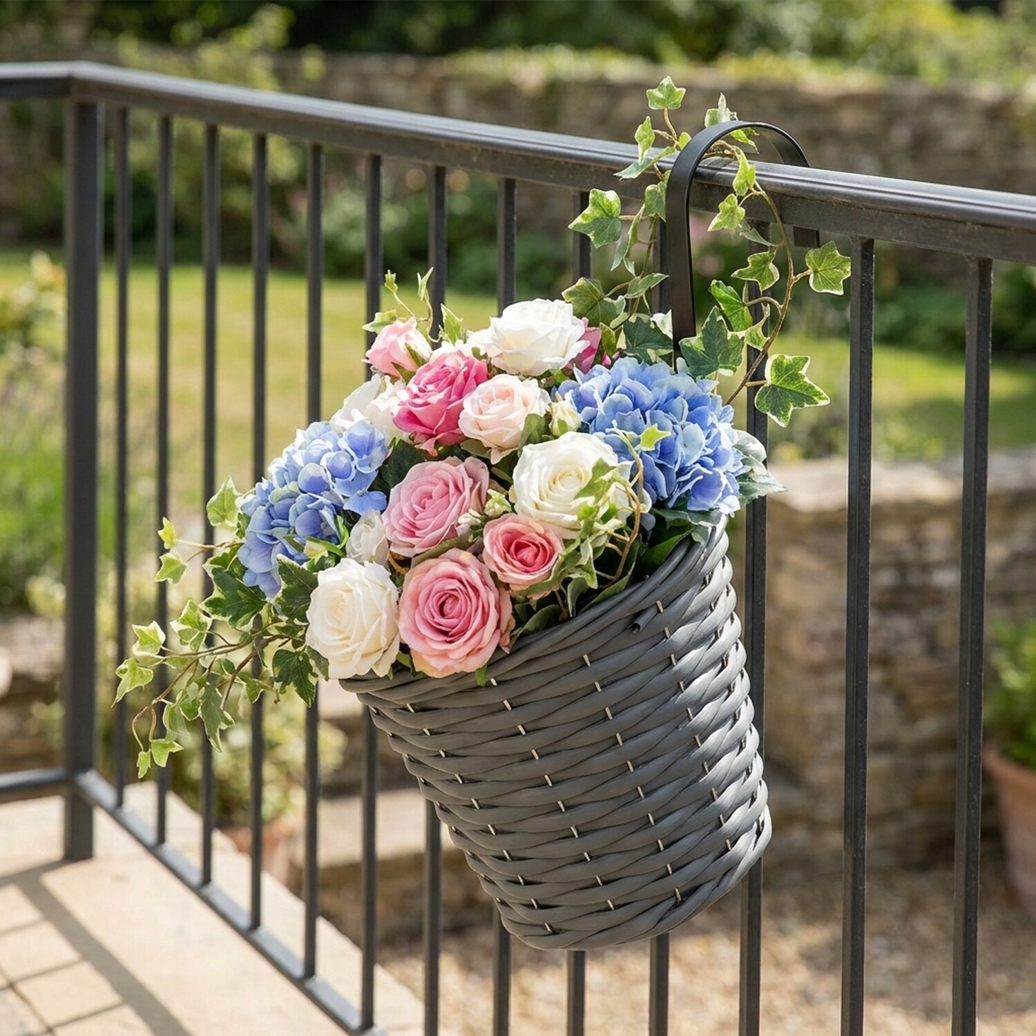 Faux Rattan Hanging Fence Pot Grey Image 5