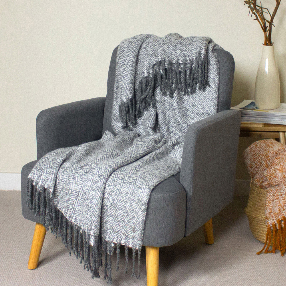 furn. Weaver Grey Herringbone Throw 130 x 180cm Image 2