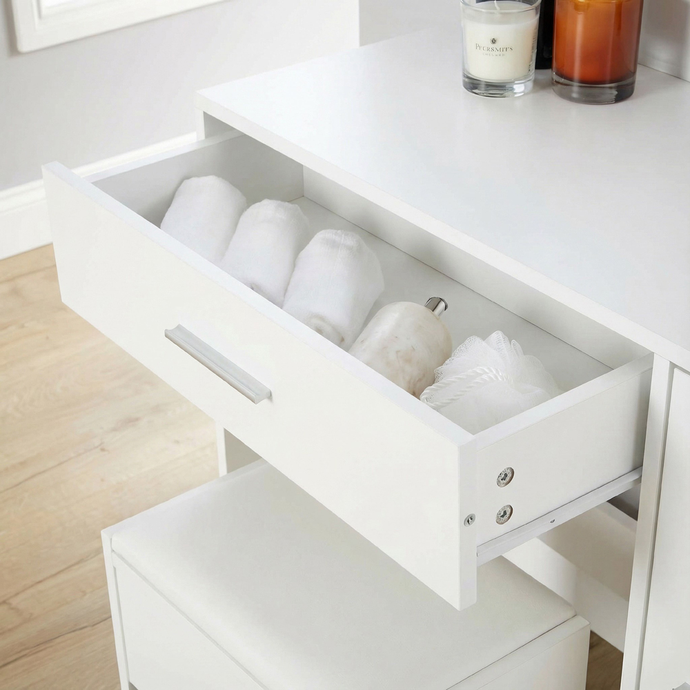 Home Source Sophie Single Door Single Drawer White Hollywood Dressing Table Set with LED Mirror Image 7