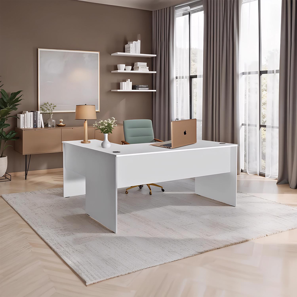 FWStyle White L-Shape Corner Study Desk Image 5
