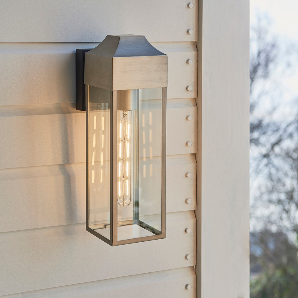 Merano Potenza Brushed Silver Clear Glass and Matt Black Outdoor Wall Lantern Image 6