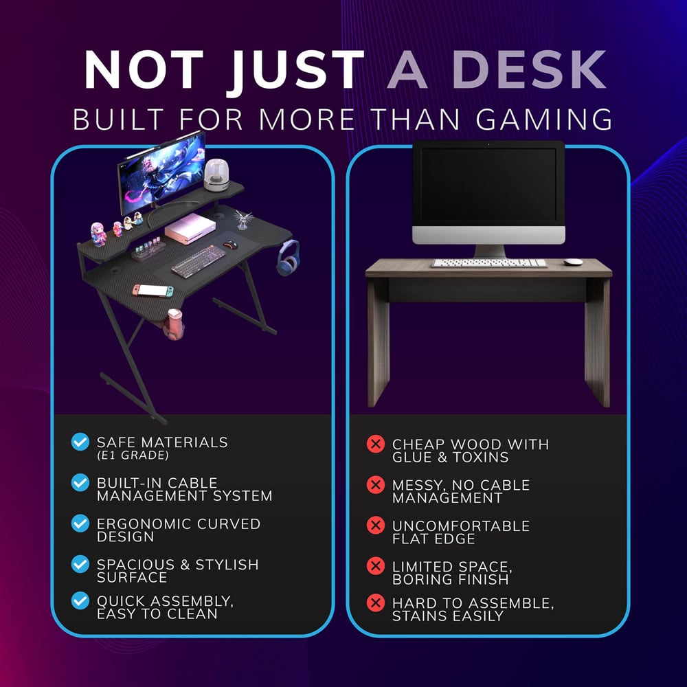 House of Home Carbon Fibre Top Computer Gaming Desk with Monitor Stand Black Image 8