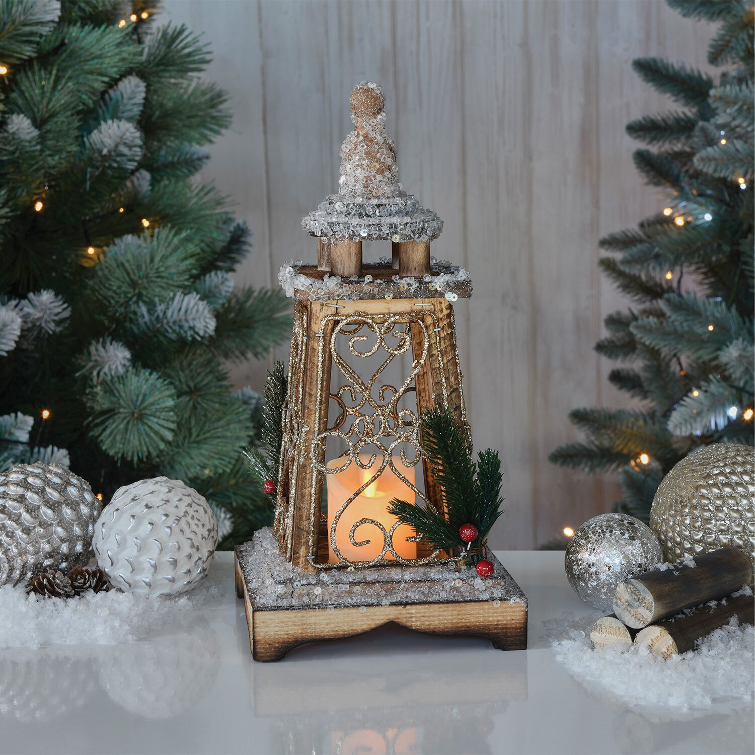 Alpine Lodge Snowy Small LED Christmas Decoration Lantern Image 2