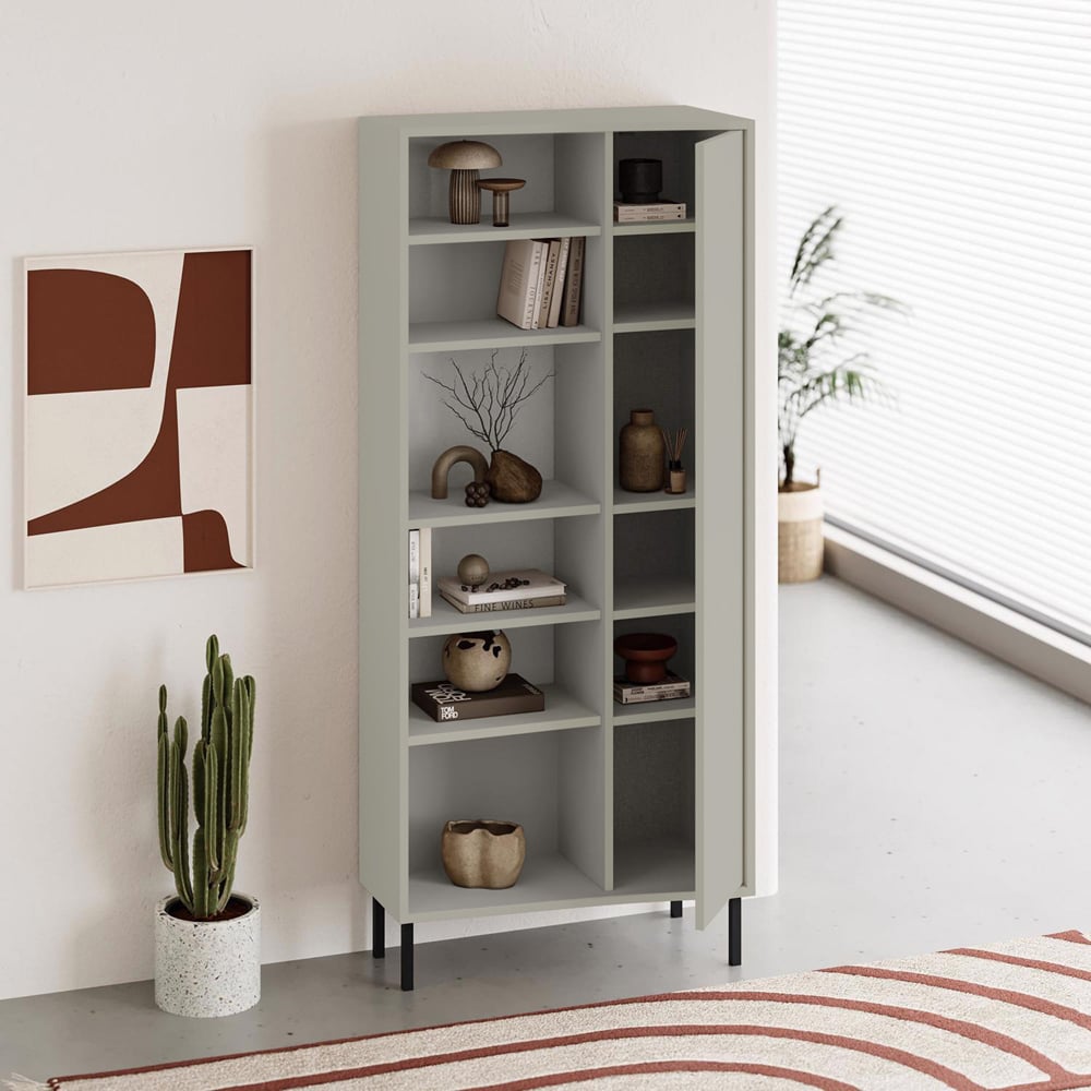 FWStyle Single Door 6 Shelf Ash Green Curved Modern Bookcase Image 3