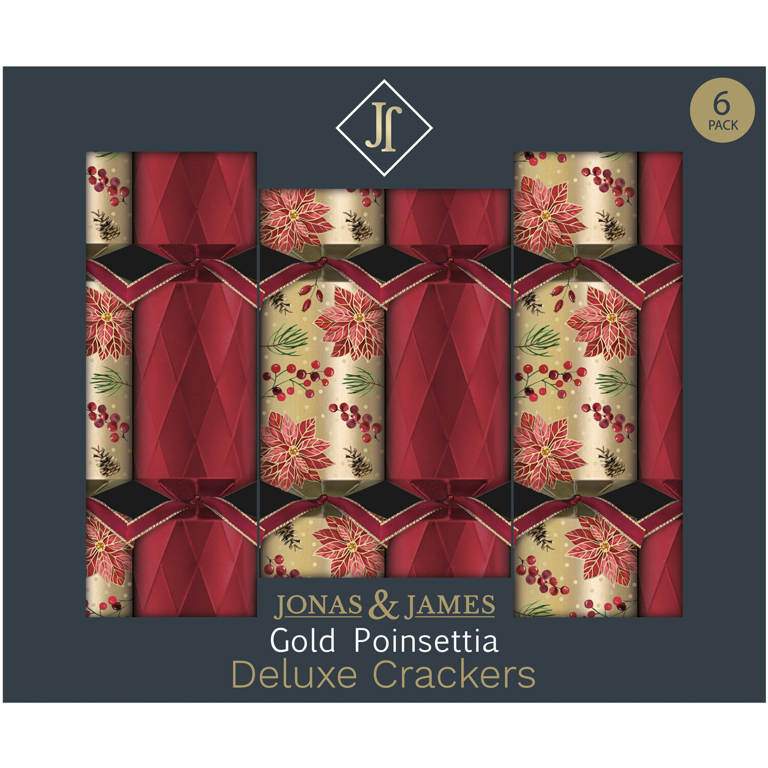 Jonas & James Pack of 6 Deluxe Crackers Red and Gold Poinsettia - Red Image