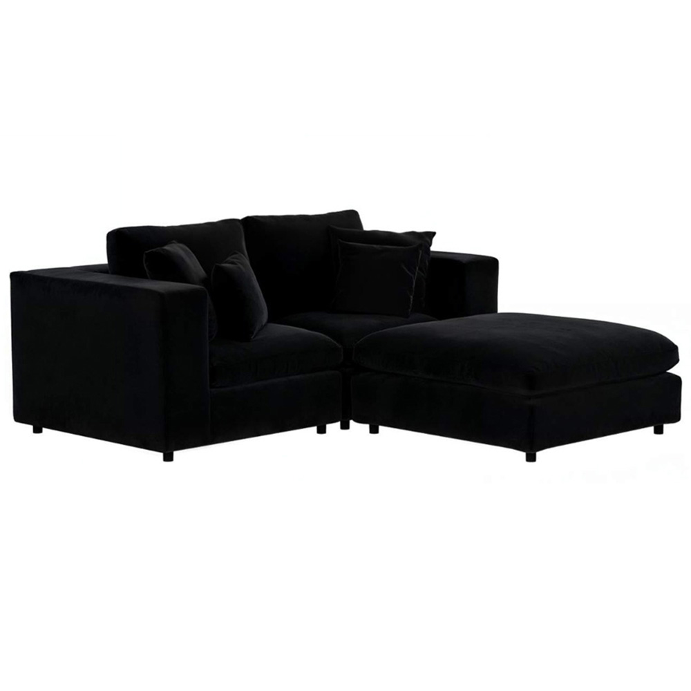 SOLACE+CO Asher 3 Seater Black Velvet Sofa with Footstool Image 2