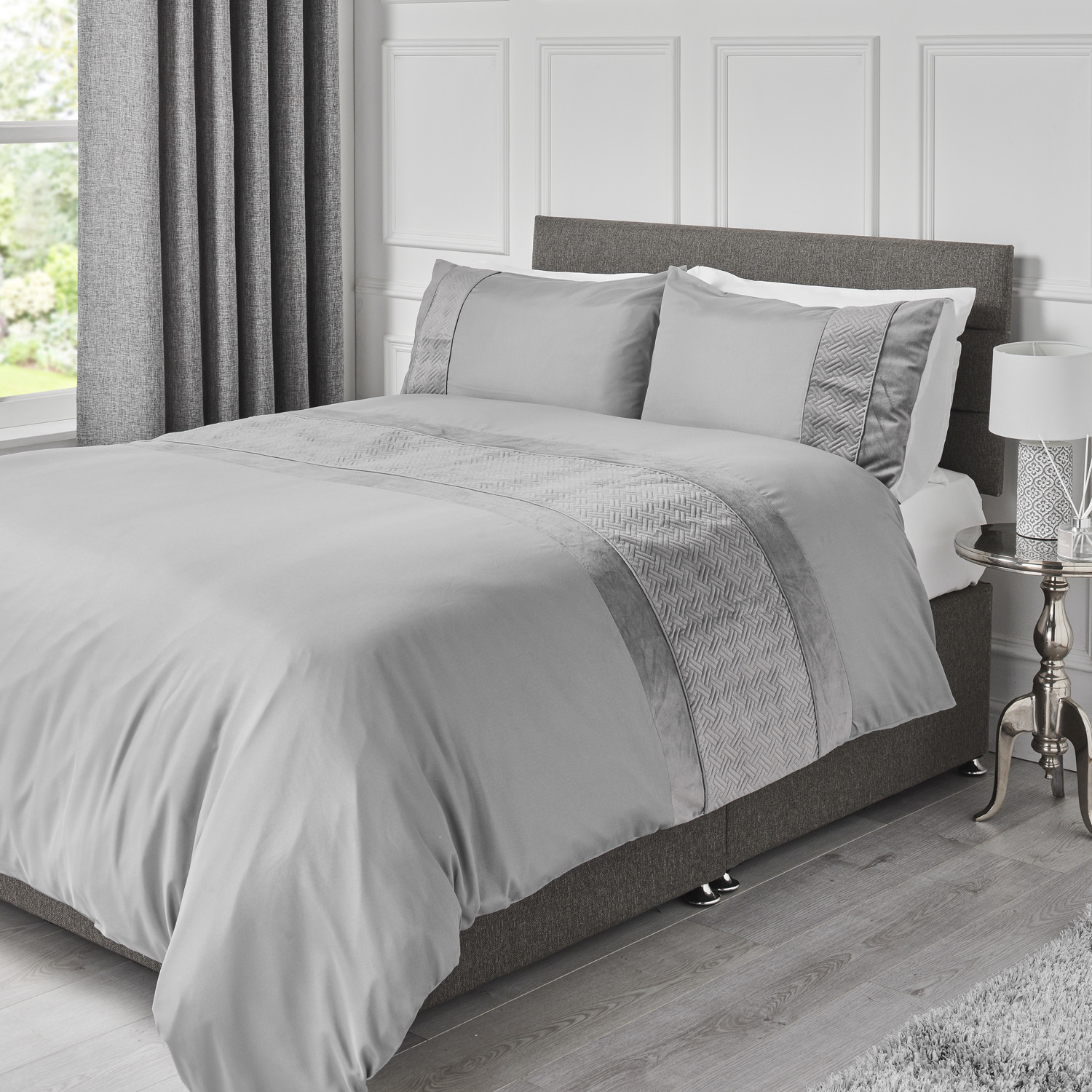 My Home King Size Charcoal Crosshatch Embossed Panel Duvet Set Image 2