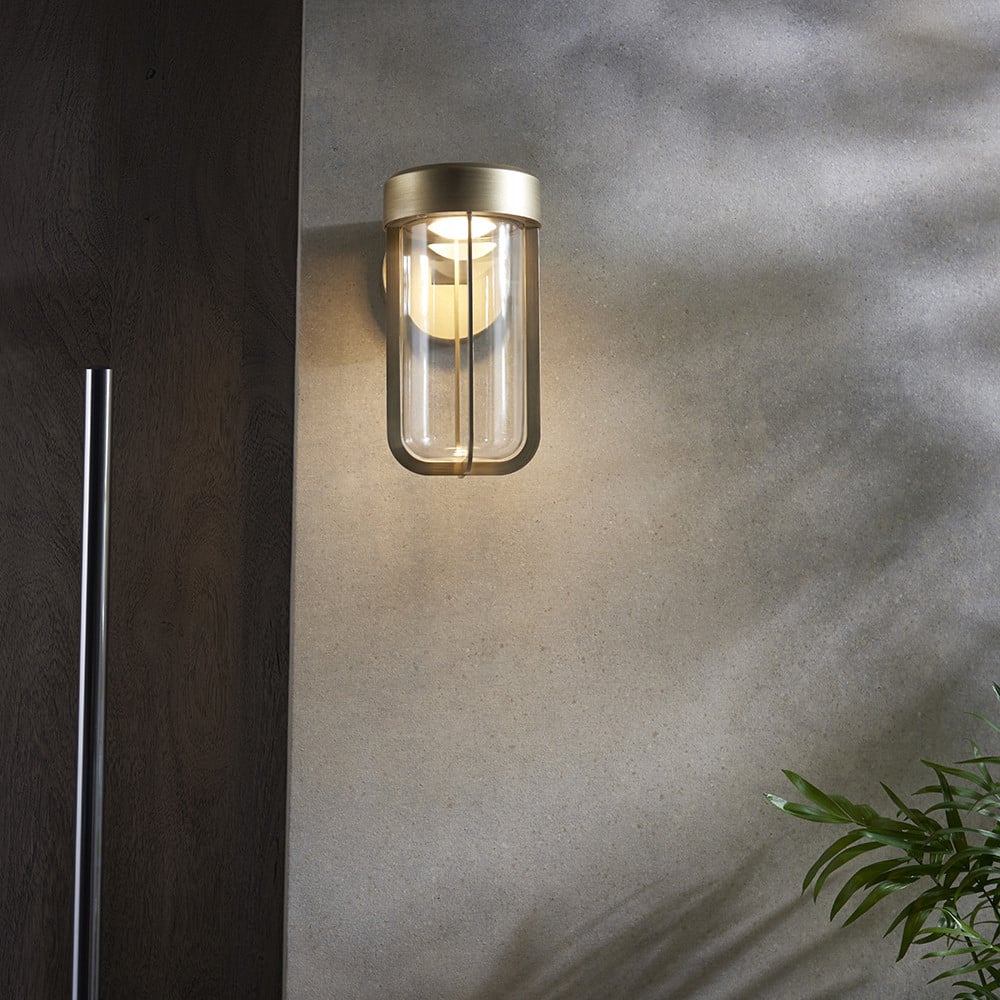 Merano Benevento Clear Glass Shade Brushed Gold LED Outdoor Wall Lamp Image 6