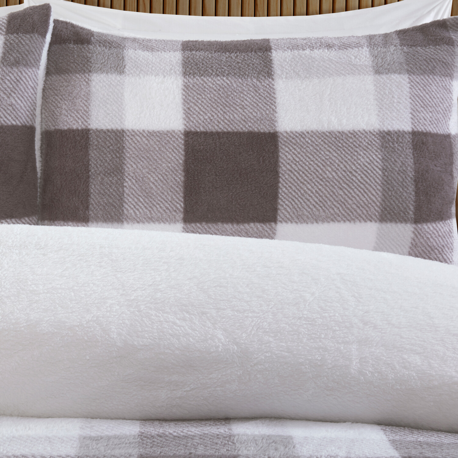 Teddy Fleece Check Duvet Set Grey Double Image 5
