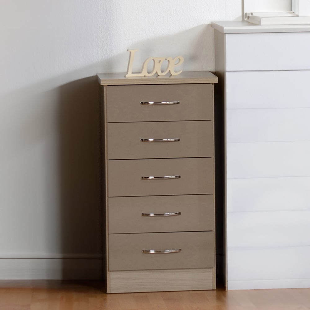 Seconique Nevada 5 Drawer Oyster Gloss Light Oak Effect Veneer Narrow Chest of Drawers Image 7