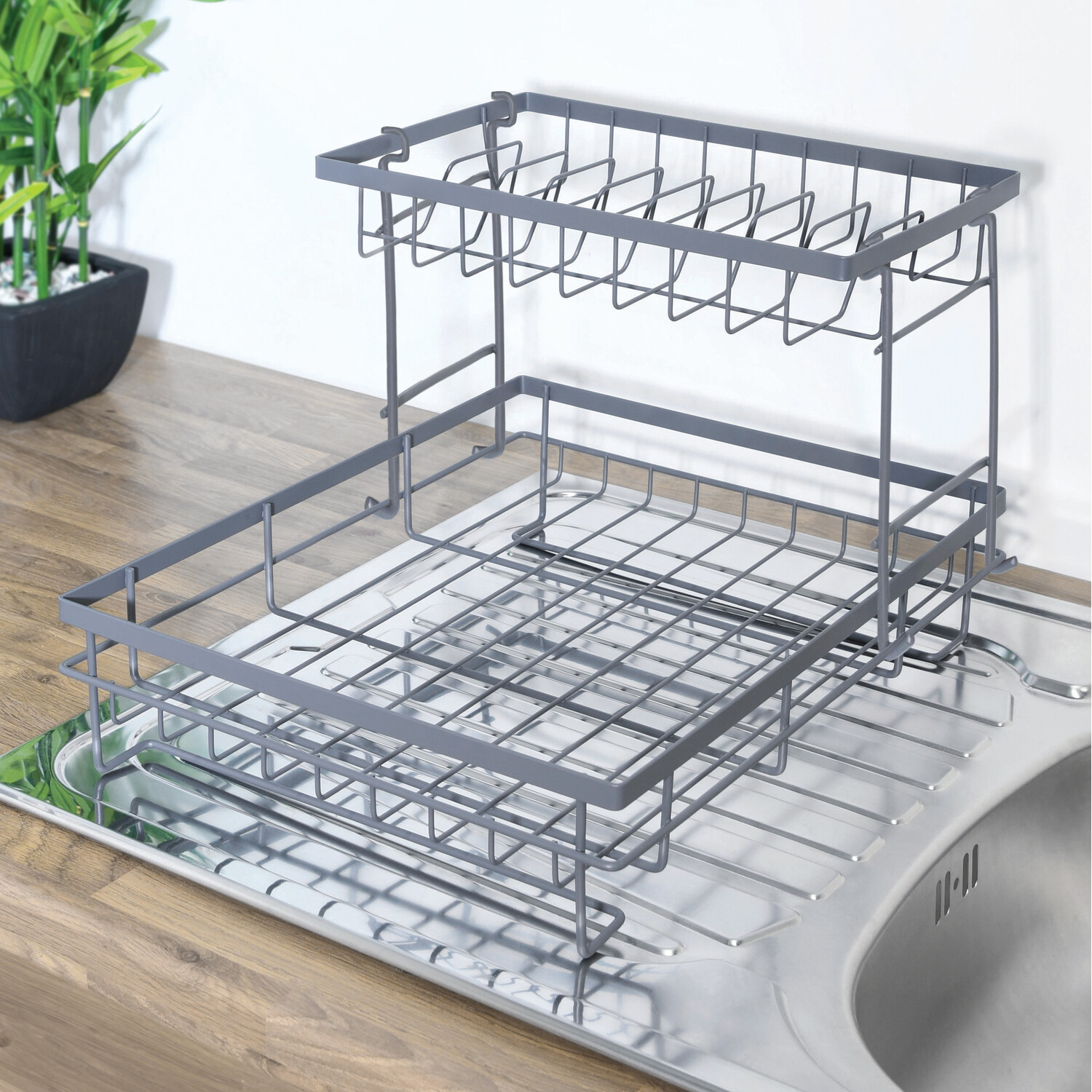 Graphite 2 Tier Dish Drainer with Grey Tray Graphite Grey Image 2