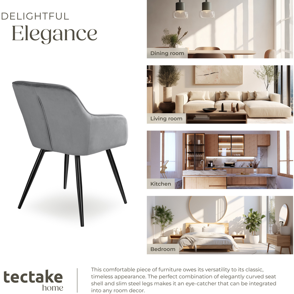 tectake Marilyn Set of 2 Grey and Black Velvet Dining Chairs Image 6