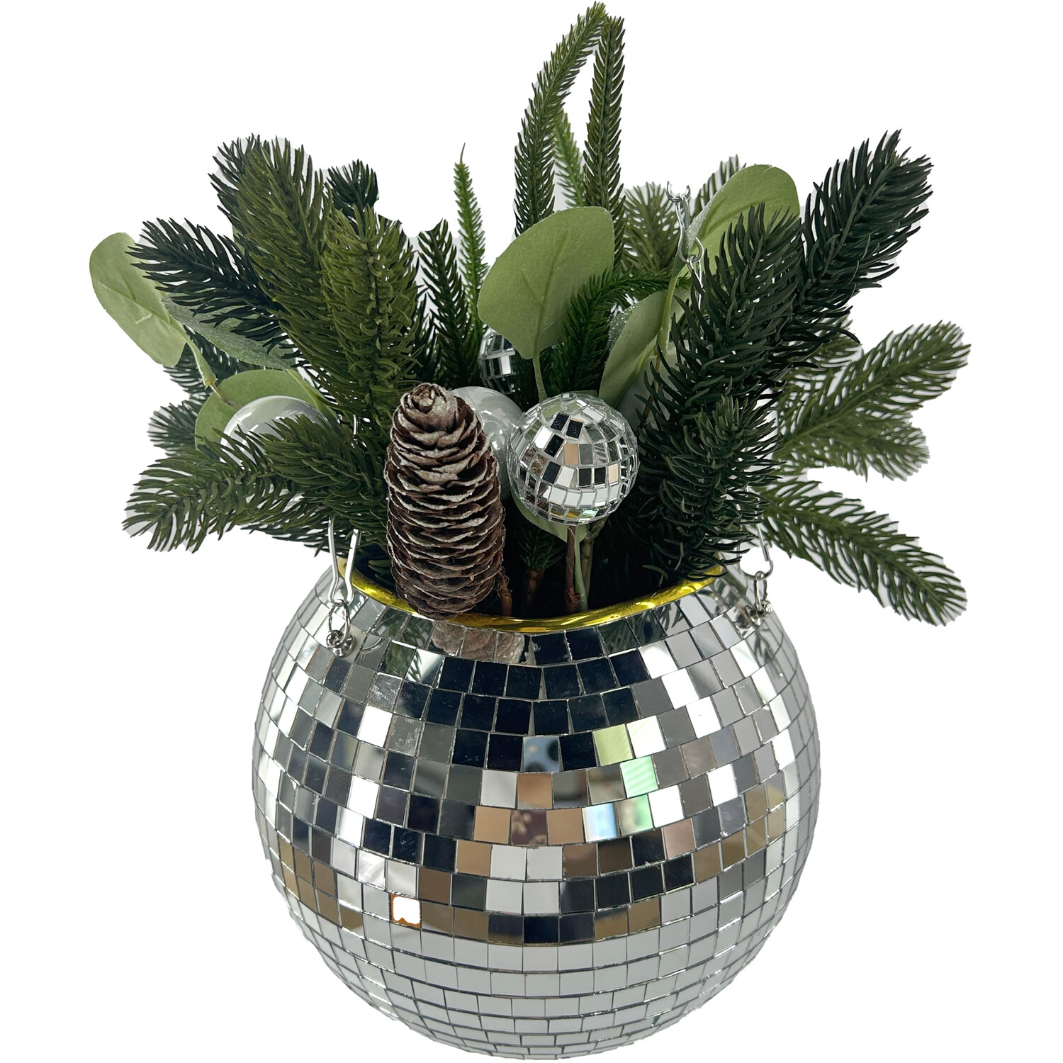 Disco Ball Hanging Floristry Basket Green and Silver Image 1