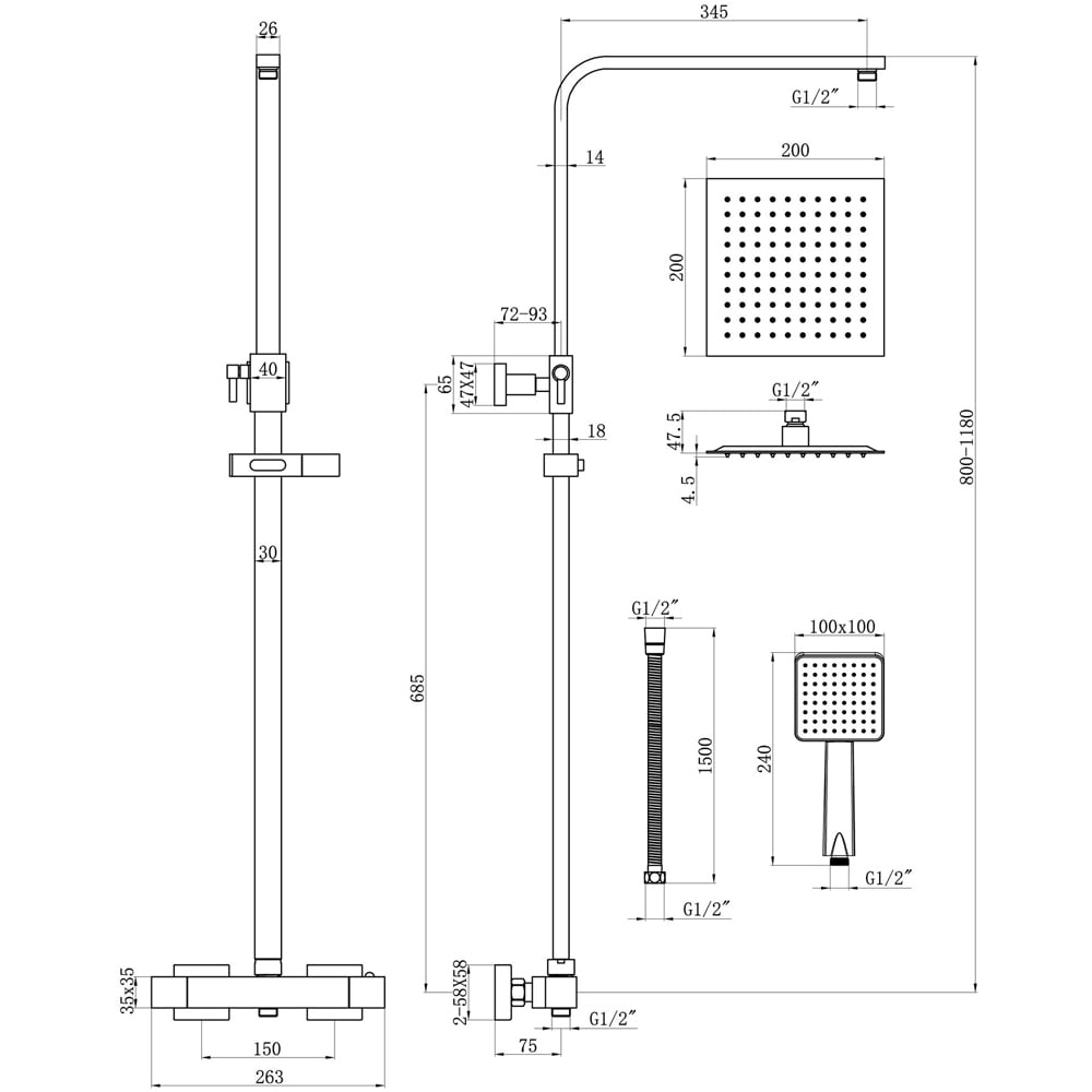 Bathstore Siesta Chrome Square Thermostatic Bar Mixer with Riser Kit Image 4