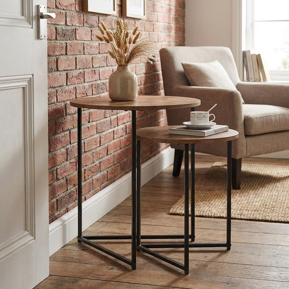 Black and Oak Industrial Nest of Tables Set of 2 Image 4