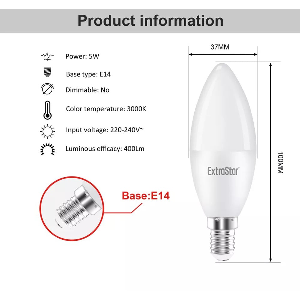 ExtraStar Warm White E14 5W LED Candle Bulb Image 5