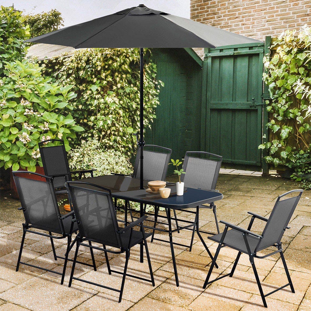 Outsunny 8 Seater Tempered Glass Top Garden Dining Set with Parasol Black Image 1