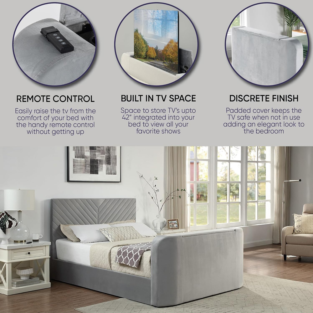 Home Treats Double Grey Velvet Ottoman TV Bed Image 7
