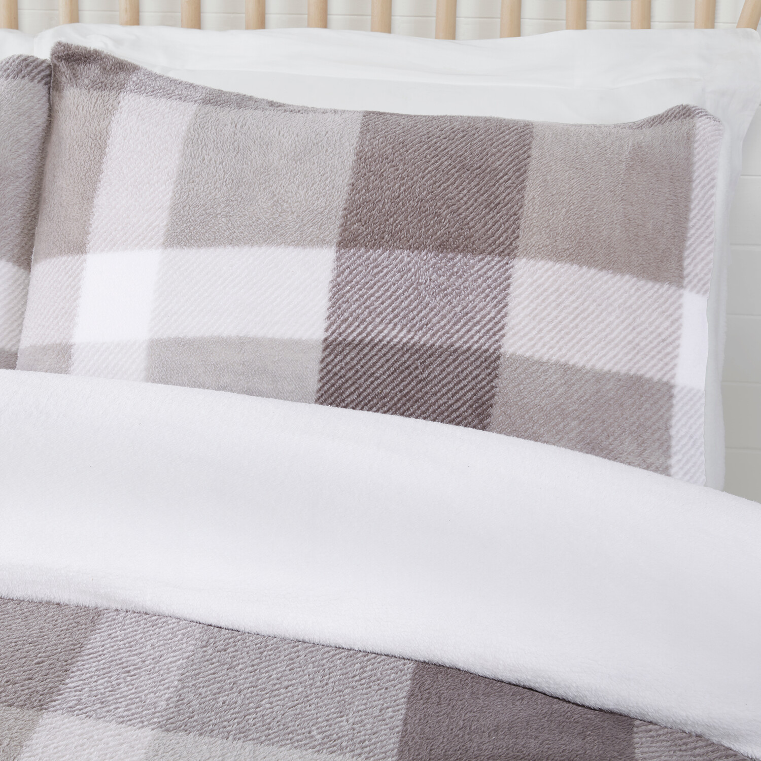 Teddy Fleece Check Duvet Set Grey King Image 6