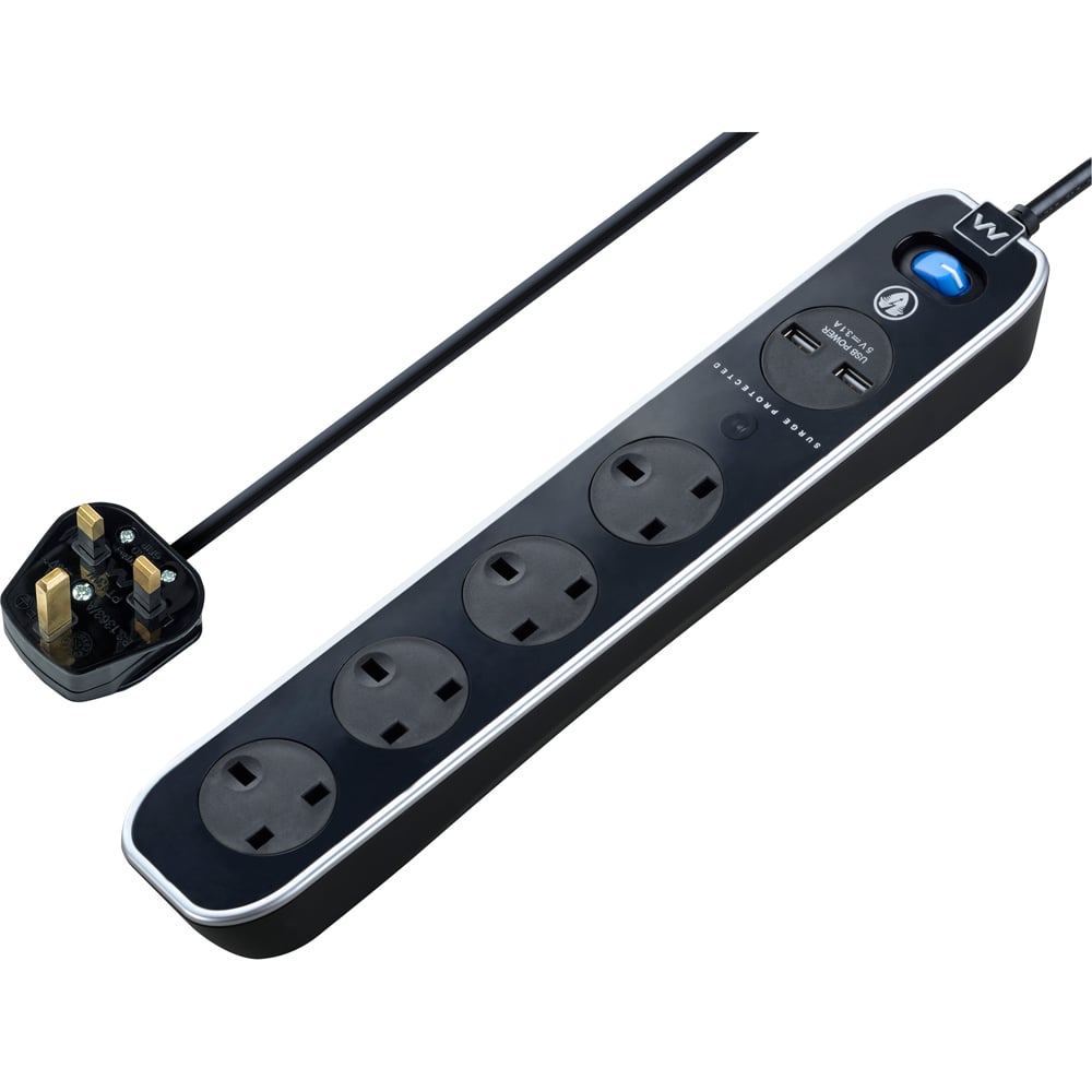 Masterplug Gloss Black 4 Socket Switched Inline Surge Extension Lead with USB 2m Image 3