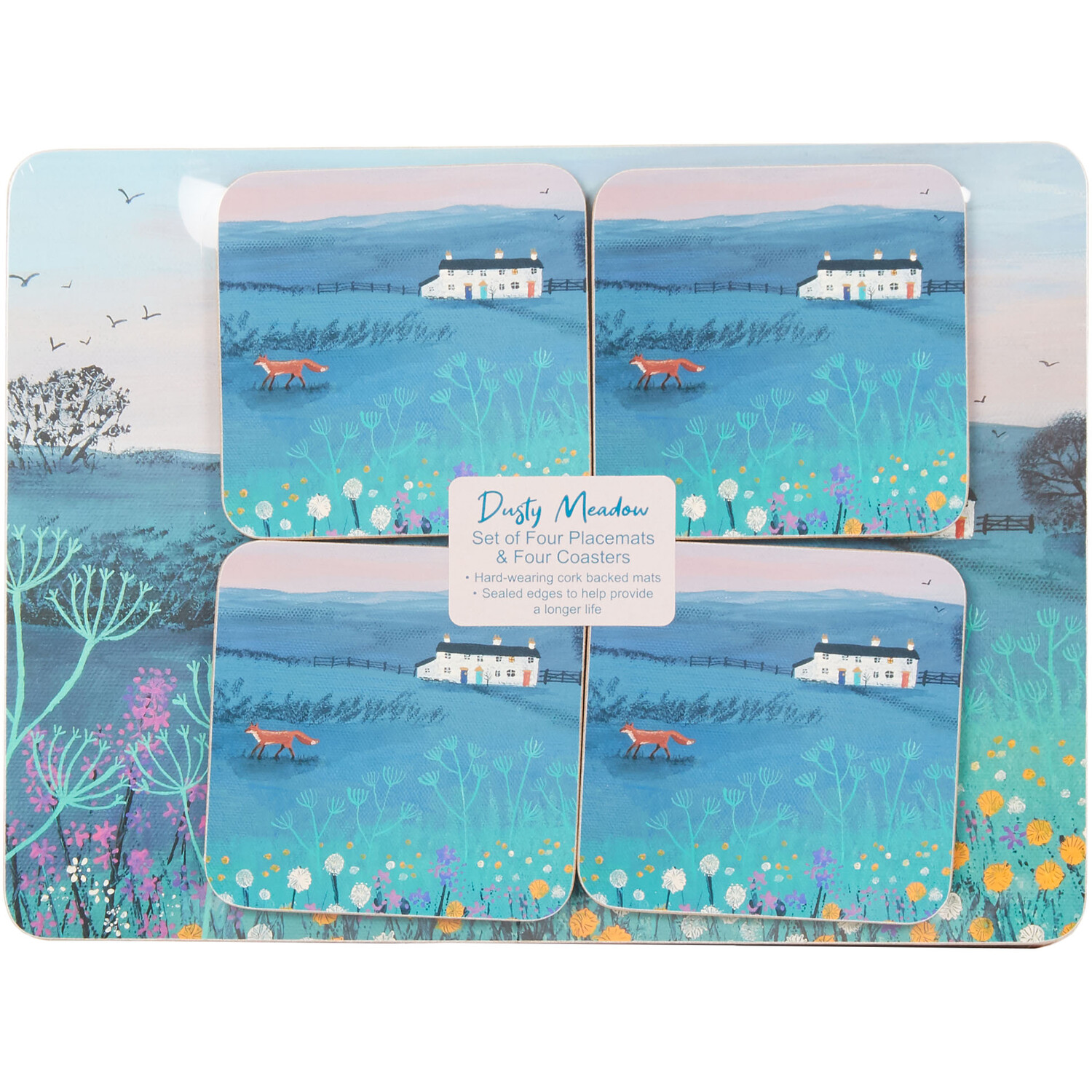 Pack of 8 Dusty Meadow Fox Placemat and Coaster Set - Blue Image 1