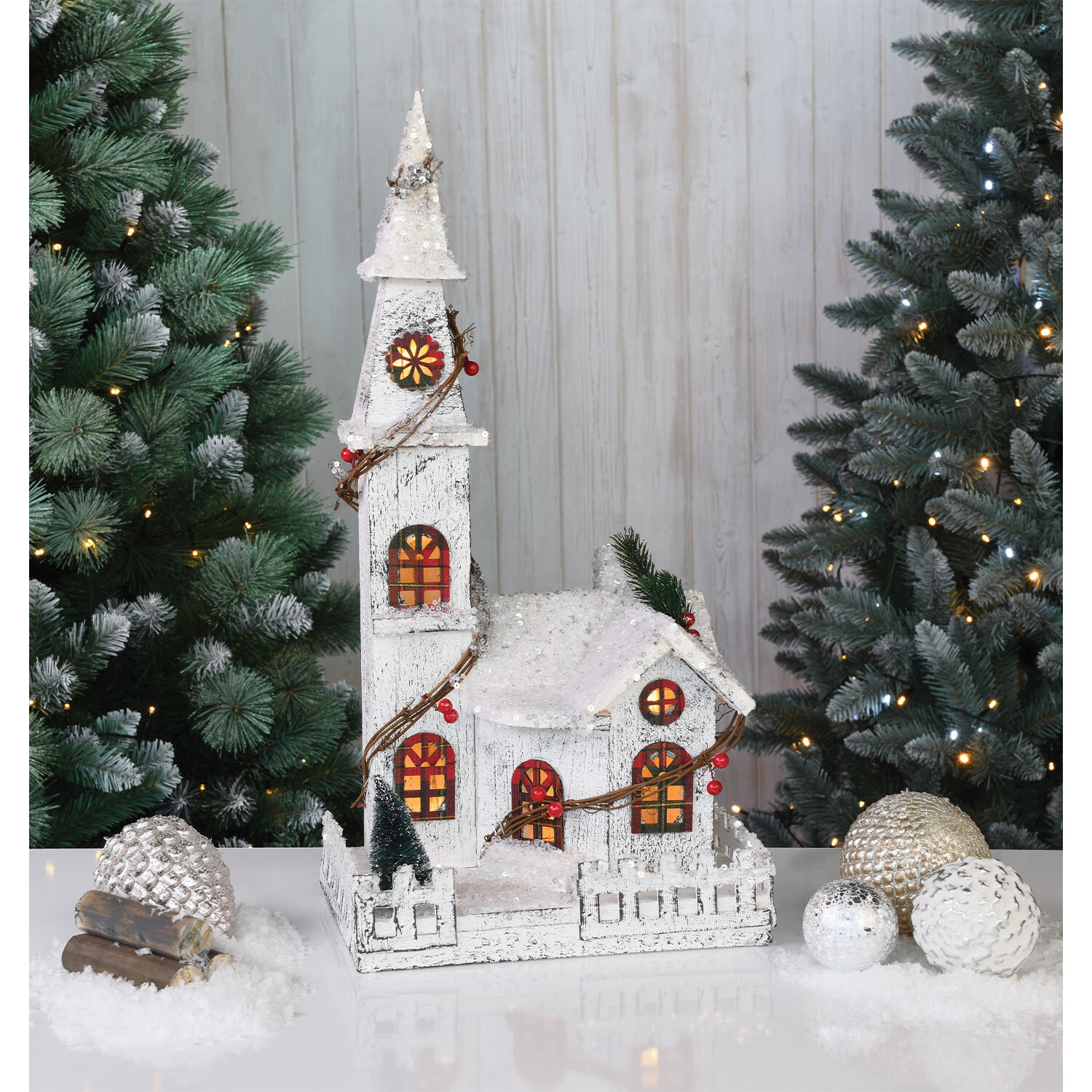 Whimsical Cheer White and Tartan LED Church Christmas Decoration Image 3