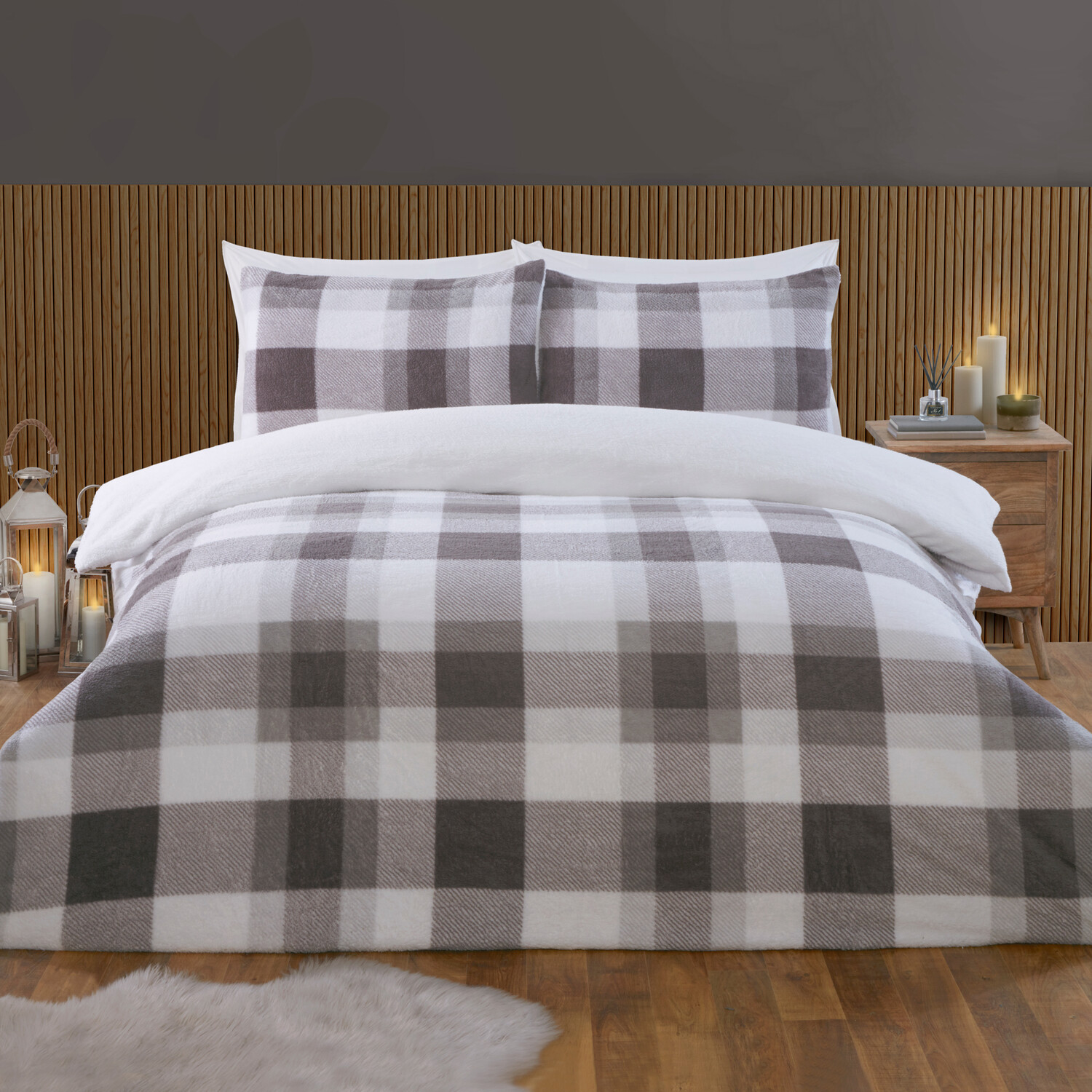 Teddy Fleece Check Duvet Set Grey King Image 2