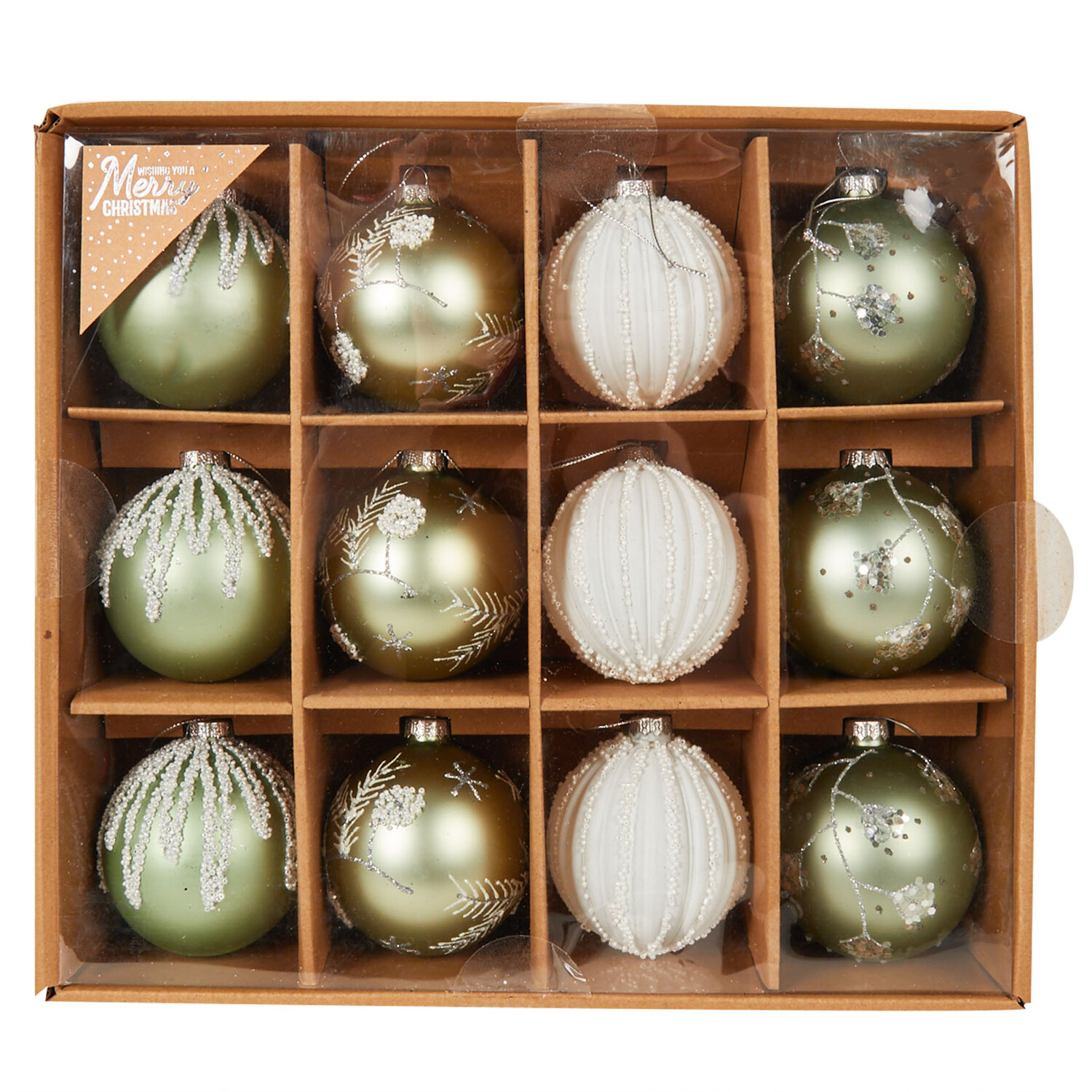Set of 12 Mistletoe Cottage Glitter Baubles Image 1