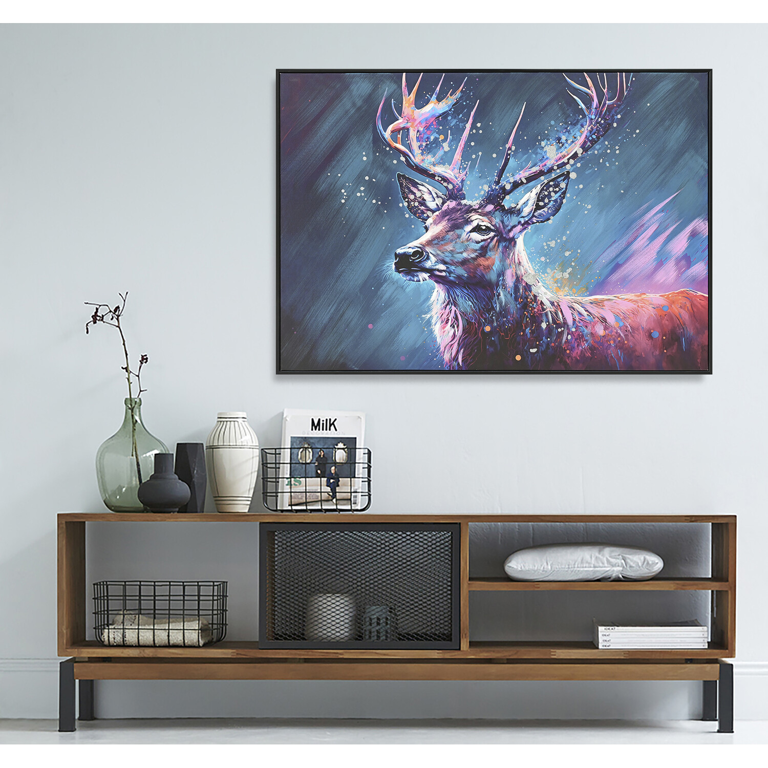 Hand Painted Midnight Stag Framed Canvas - Blue Image 5
