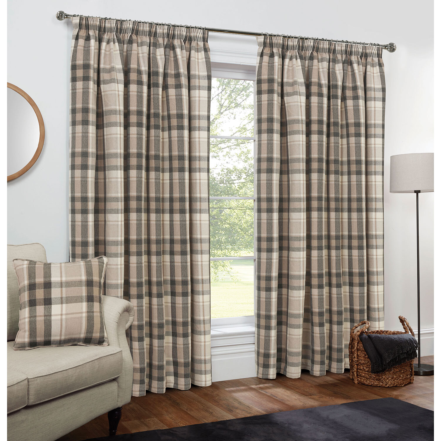 Divante Highbury Natural Check Pencil Pleat Curtains 137 x 168cm Image 2