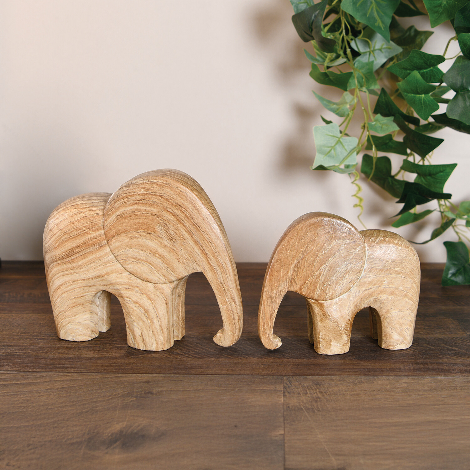 Set of 2 Wood Effect Elephant Ornaments Natural Image 2