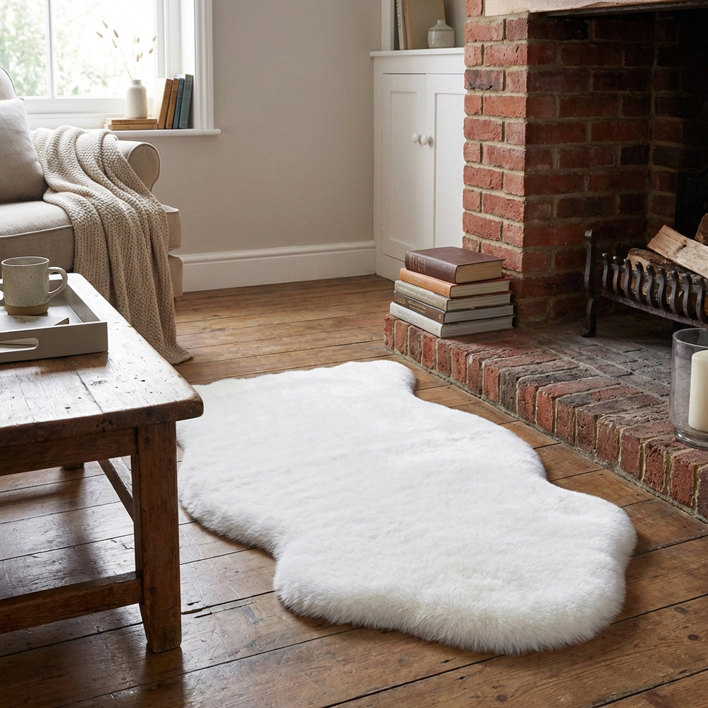 White Rabbit Fur Rug White Faux Rabbit Fur Rug 90 x 60cm | Homebase
