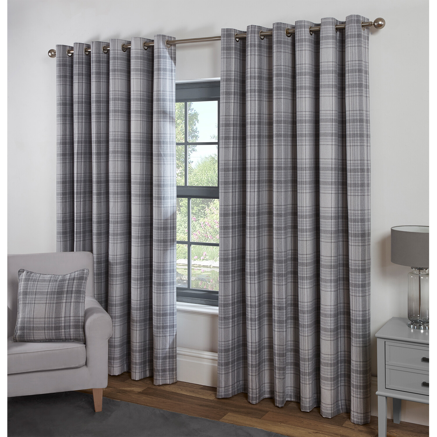 Divante Hatfield Grey Check Blackout Eyelet Curtains 137 x 168cm Image 2